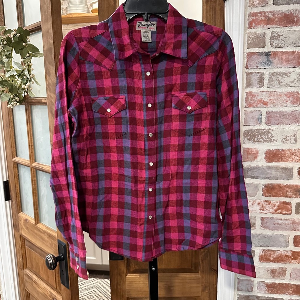 Wrangler Pearl Snap Shirt Women Pink Plaid Western Wrancher Farmcore Americana M